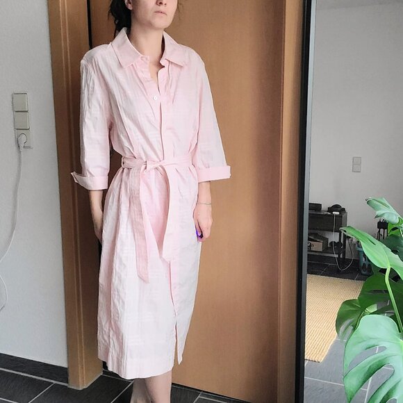 Burberry London Pink Embossed Plaid Belted Button Down Shirt Dress Women's Large - Picture 3 of 15